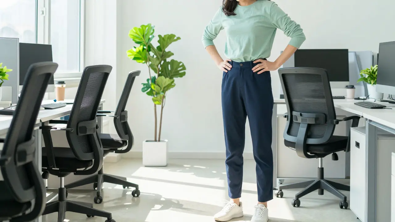 Člověk v kanceláři protahuje nohy během pracovní přestávky