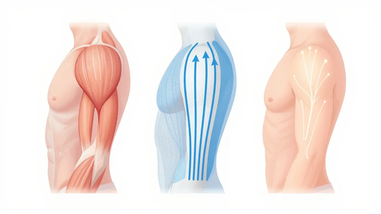 Diagramatické znázornění tří účinků kinesiologického tejpování: podpora svalu, odtok tekutin a stimulace nervů.
