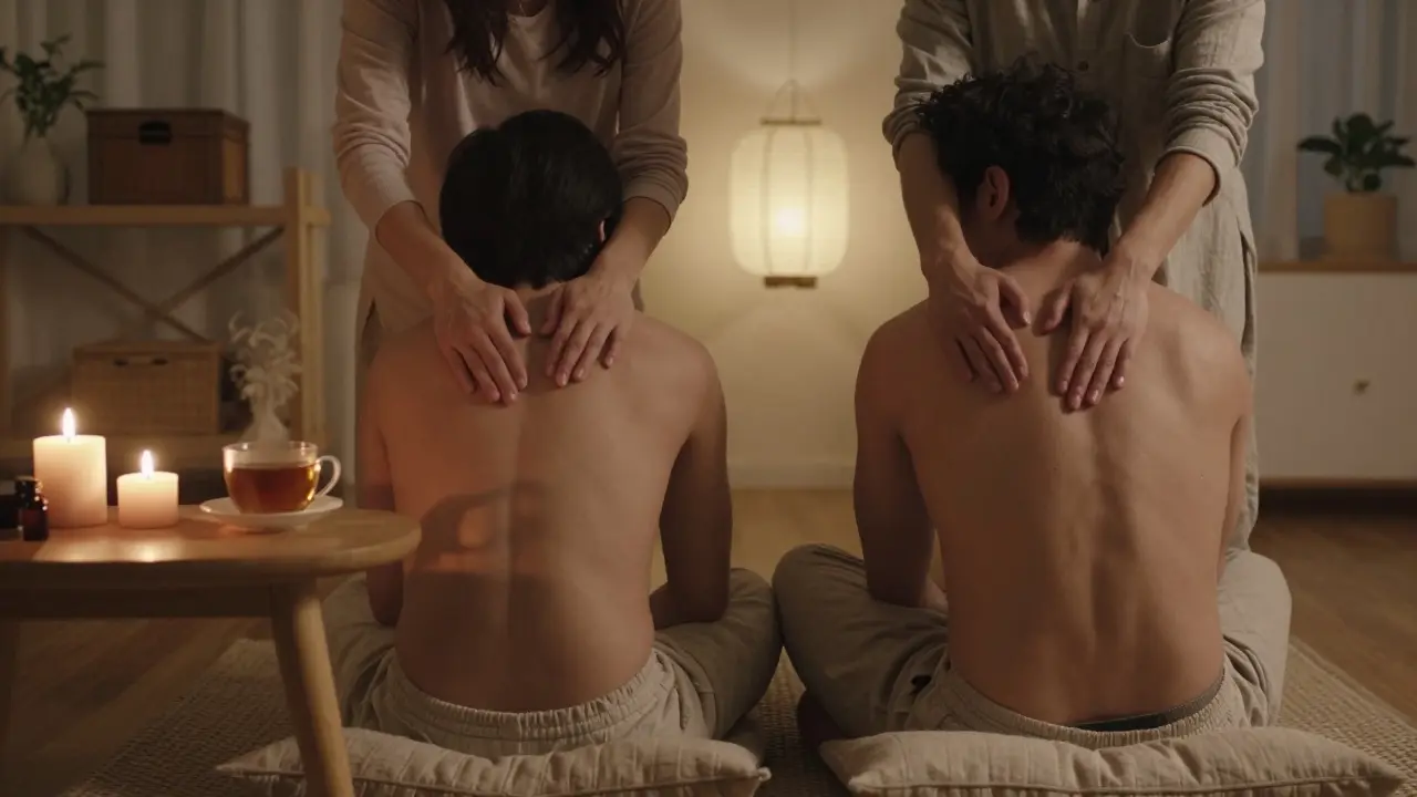 Dvojice se navzájem masíruje doma ve tmy, svíčky svítí, teplá čajová šálka na stole.