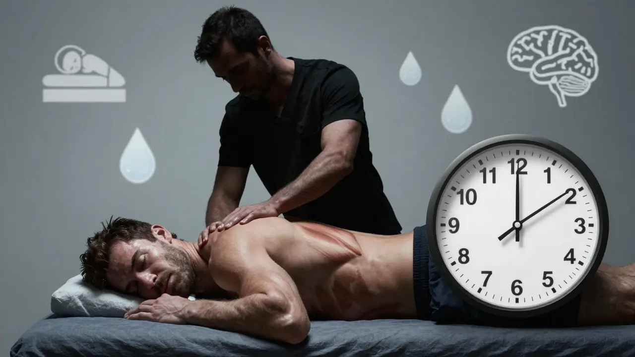Hodiny ukazují nesprávný čas masáže, zatímco athlete spí a jeho tělo je napjaté.