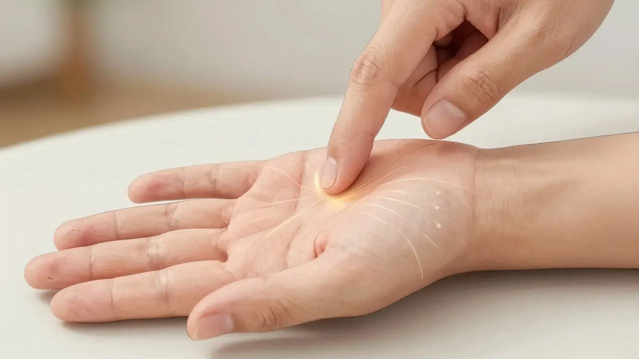 Ruka stiskne akupresurní bod LI4 mezi palcem a ukazováčkem pro úlevu od migrény.