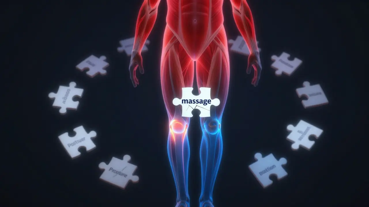 Silueta lidského těla s přehledem příčin bolesti: svaly, zánět a izolovaná masáž.