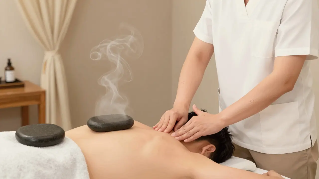 Terapeut provádí shiatsu na základě krku pacientky s teplými kameny na ramenách.