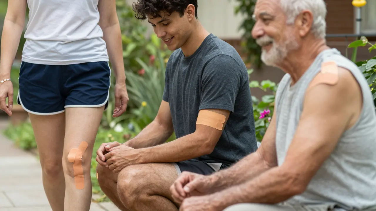 Tři lidé různých věků používají kinesiologický tejp během běžných činností: chůze, práce s počítačem a zahradnictví.