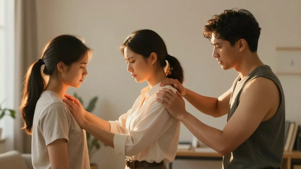 Tři různé osoby v běžných situacích, které cítí uvolnění a zlepšení těla díky masáži.