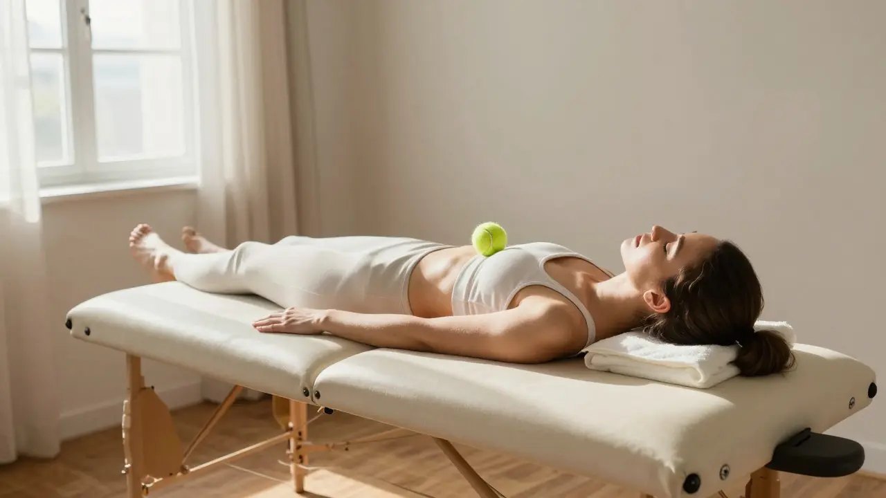 Žena uvolňuje napětí v krku pomocí tenisového míčku opřeného o zeď.