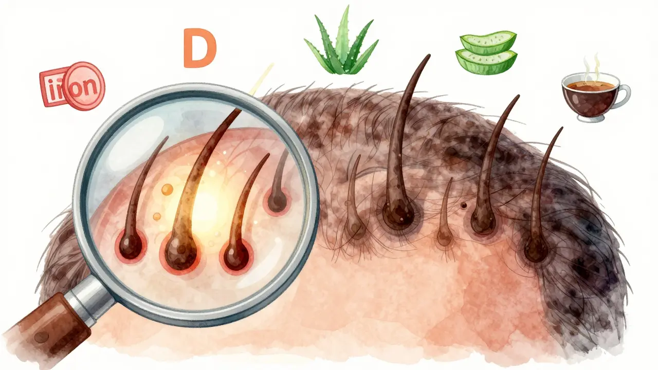 Zvětšený pohled na zdravé a oslabené vlasové folikuly s symboly živin a přírodních látek.