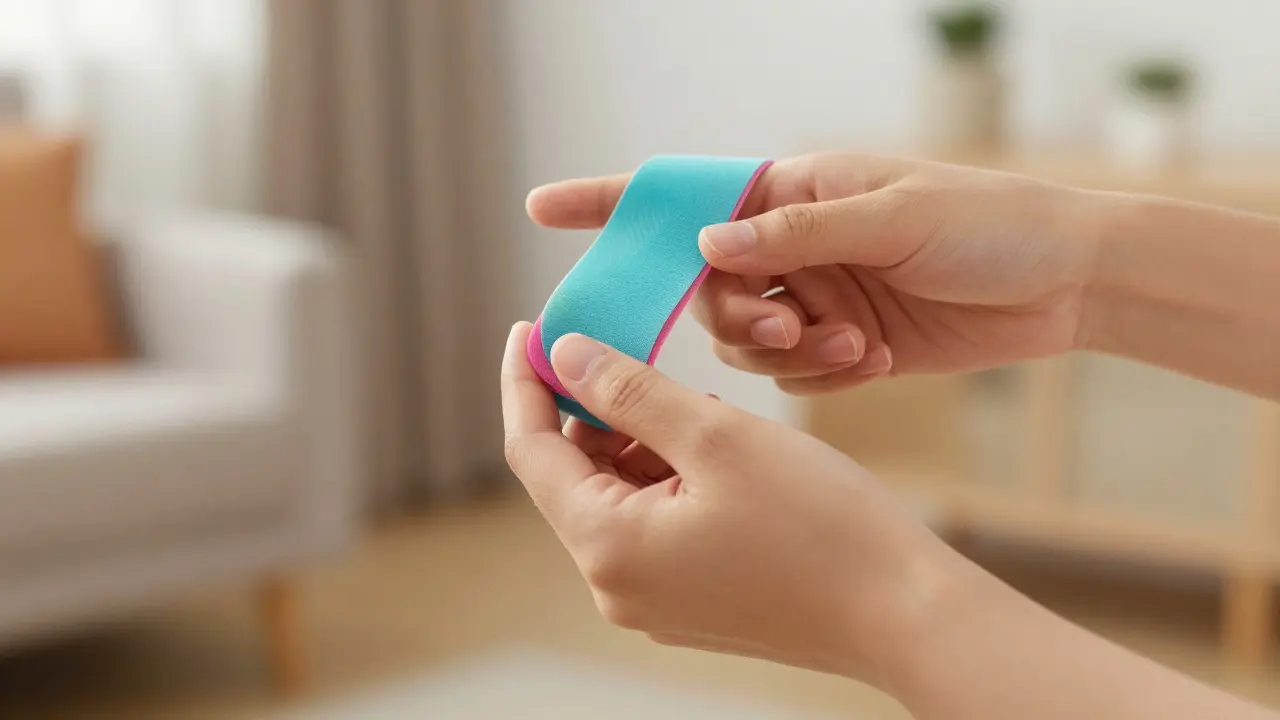 Cvičení prstů s terapeutickou gumou a kineziologickým tejpem