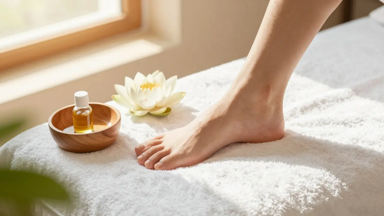 Detail chodidla v relaxačním prostředí wellness centra s esenciálními oleji.