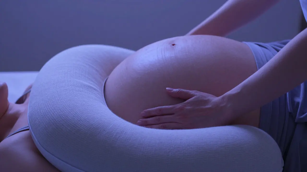 Detail těhotenského břicha jemně podepřeného měkkým polštářem pro maximální pohodlí.