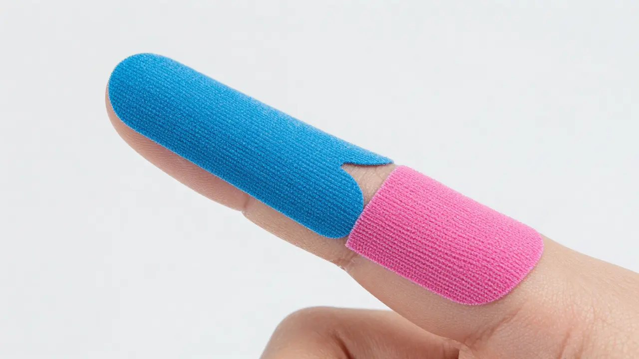 Detailní pohled na správně aplikovanou kineziologickou pásku na prstu