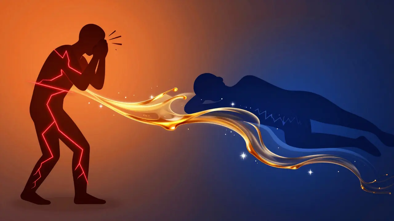 Konceptuální ilustrace přechodu od stresu a kortizolu k hlubokému spánku a melatoninu.