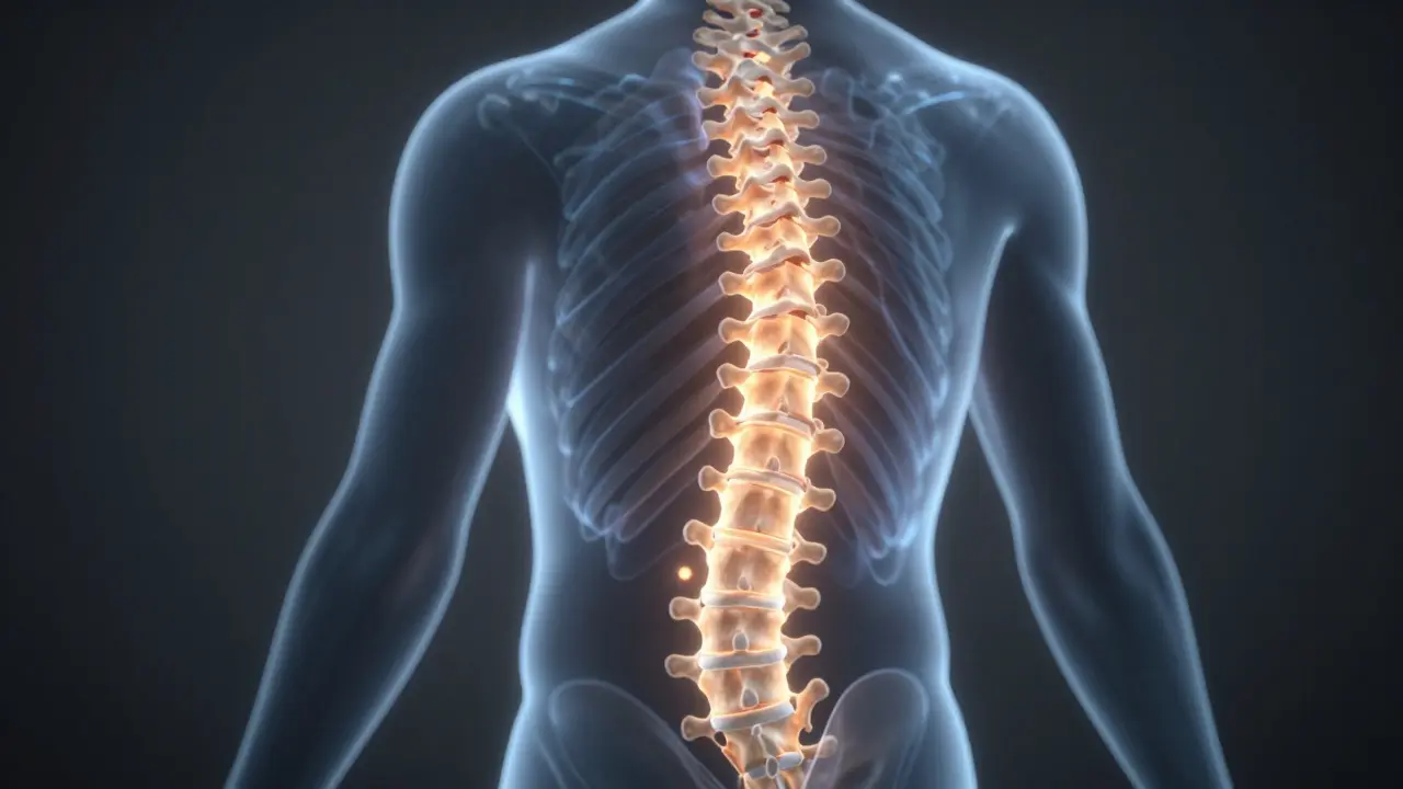 Konceptuální vizualizace páteře s vyznačeným blokem a modrými vlnami uvolnění.