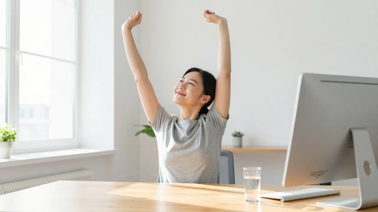 Osoba se protahující u pracovního stolu s pohárem vody pro zdravá záda.