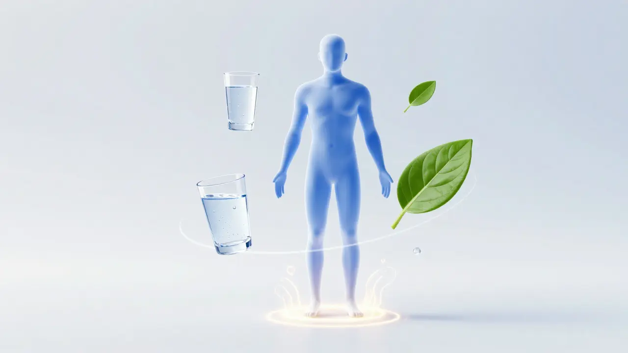 Symbolická ilustrace zdravého těla, čisté vody a přírody představující celkovou pohodu.