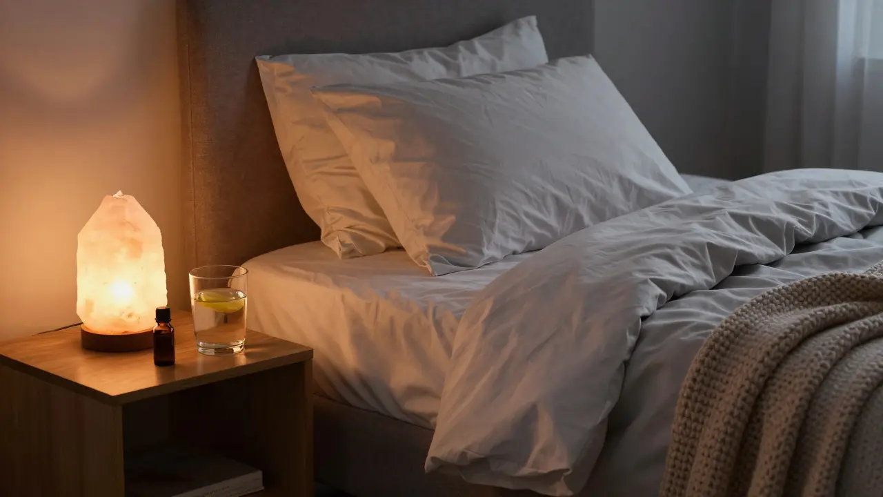 Uklidněná ložnice s levandulí a vlažnou vodou připravená k hlubokému odpočinku.