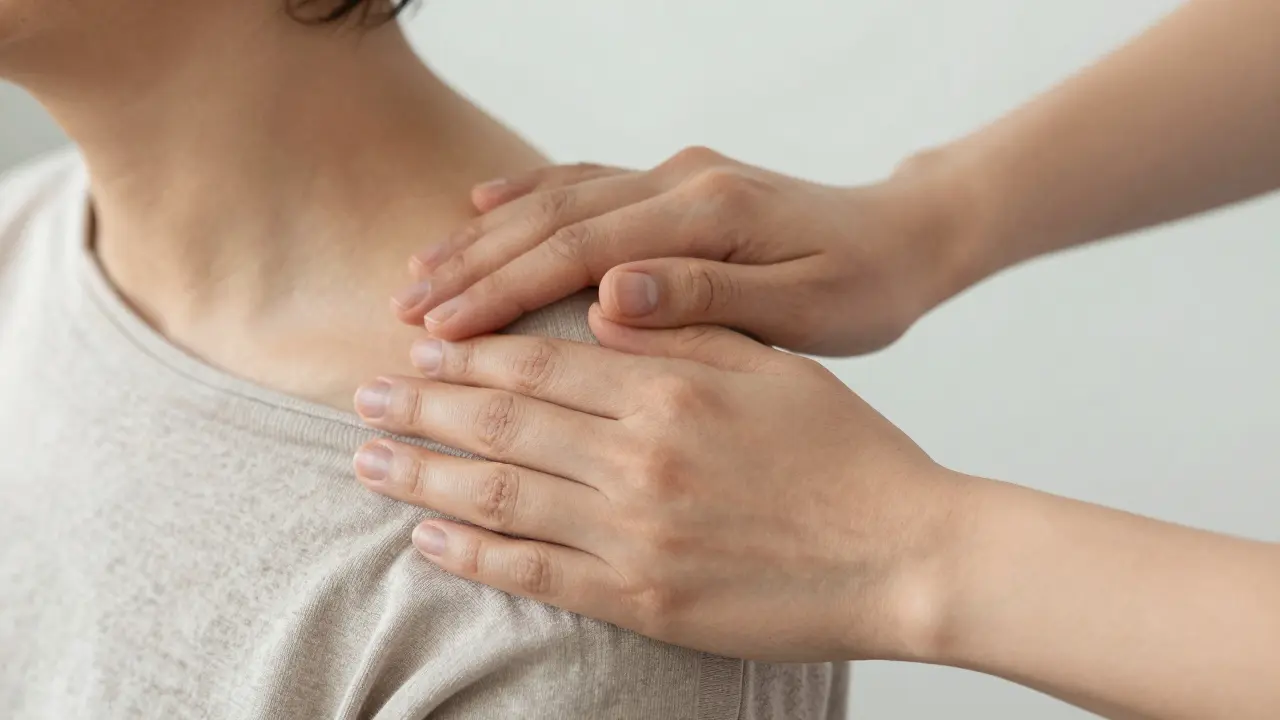 Detail rukou terapeuta aplikujících tlak na rameno klienta přes oblečení