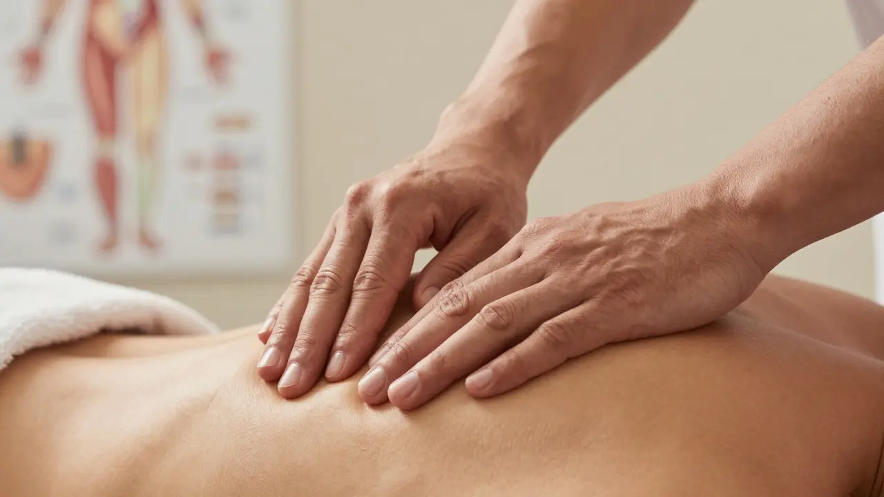 Detailní záběr na hlubokou terapeutickou masáž ramene v klinickém prostředí