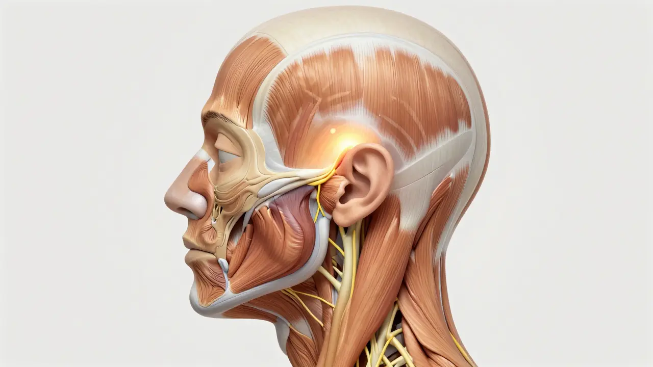 Anatomická ilustrace bodů na spánku a krku pro úlevu od bolesti