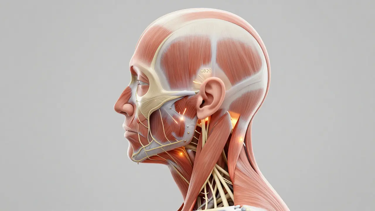 Anatomická vizualizace akupresurních bodů na hlavě a krku