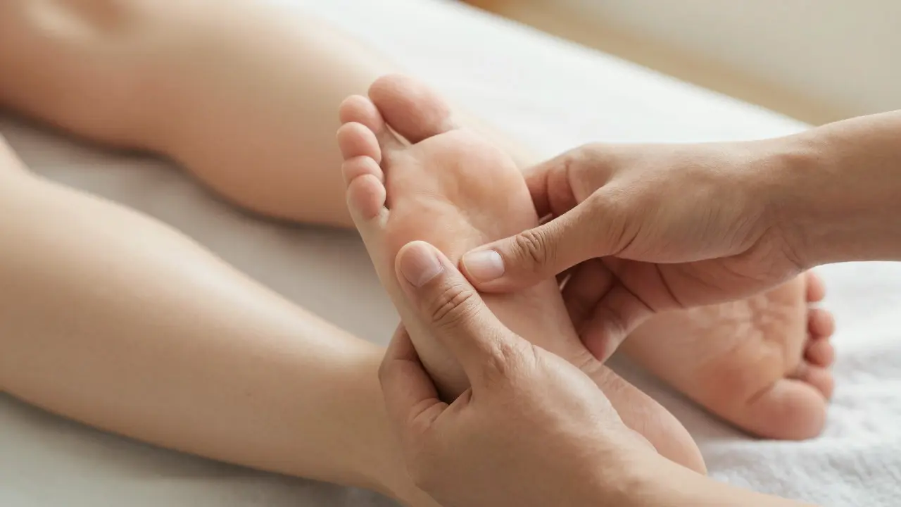 Detailní záběr rukou provádějících protahování a tlak na chodidla