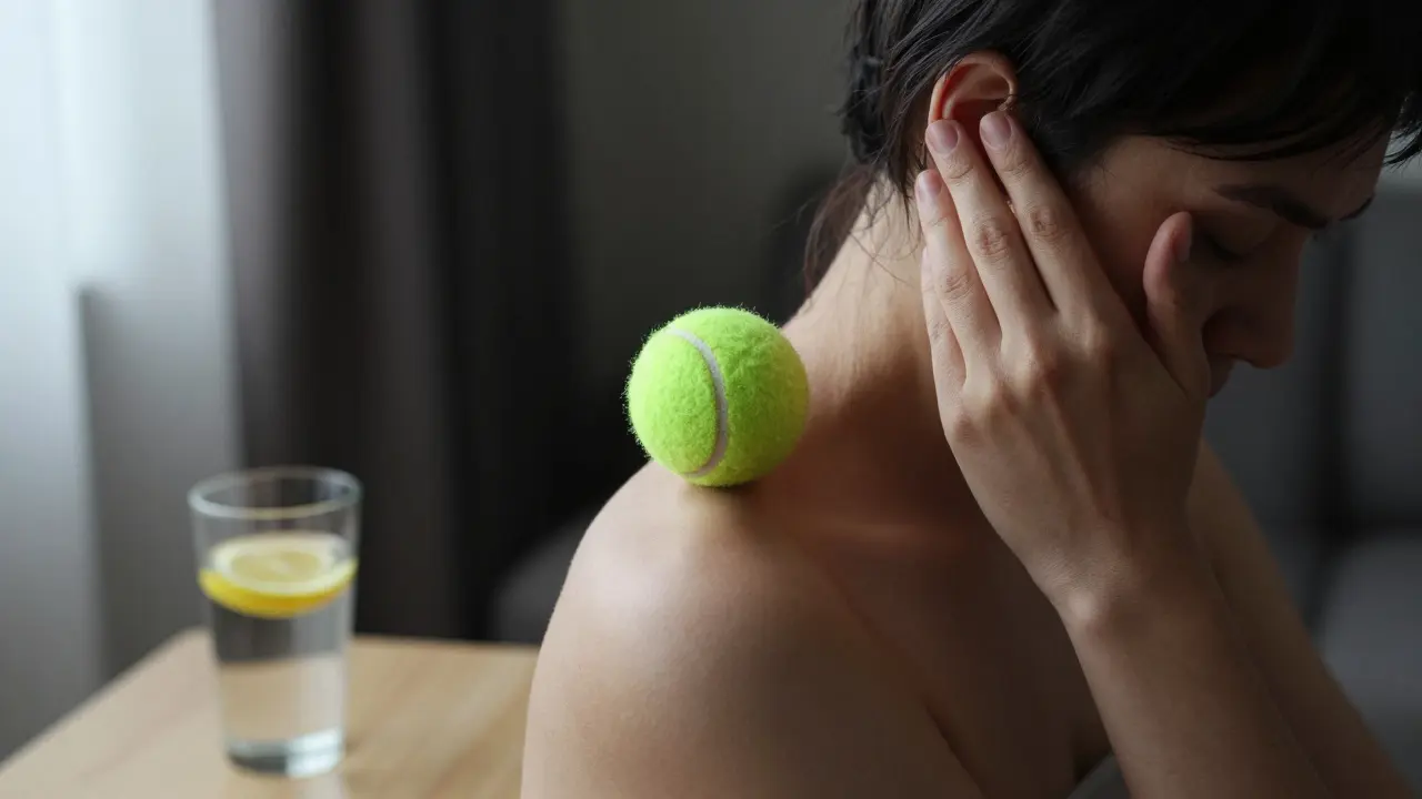 Klidná scéna samomasáže spánků a ramen pro prevenci migrény