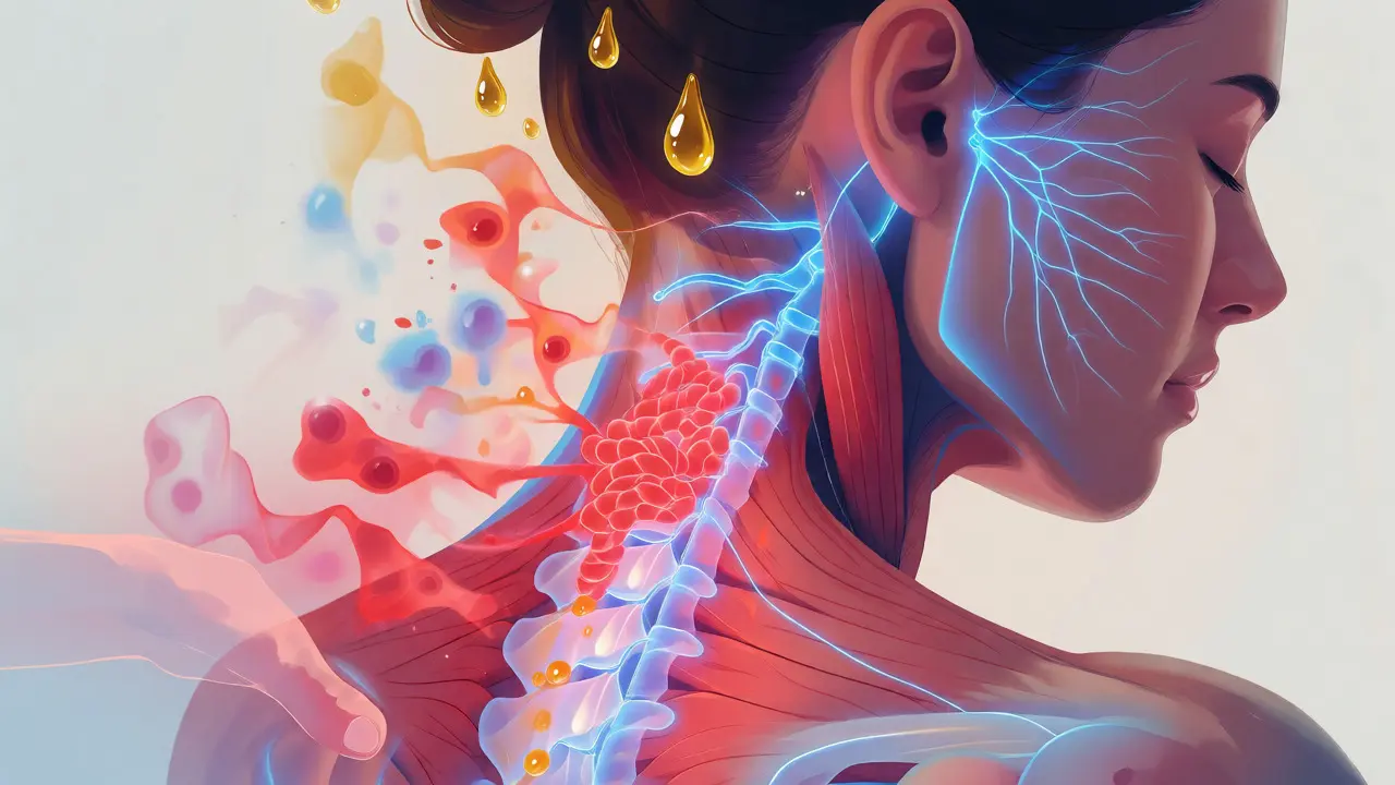 Konceptuální ilustrace uvolňování napětí ve svalech krku a aktivace nervového systému.
