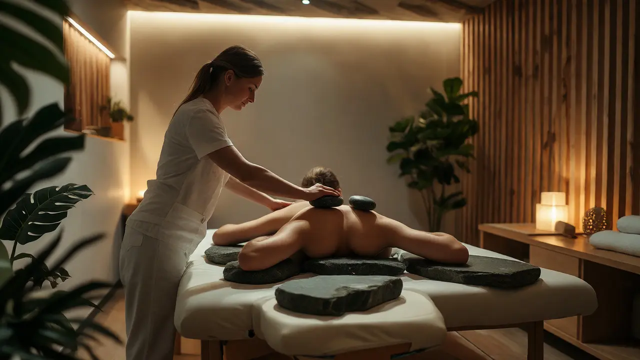 Moderní wellness centrum s terapeutem provádějícím masáž teplými kameny