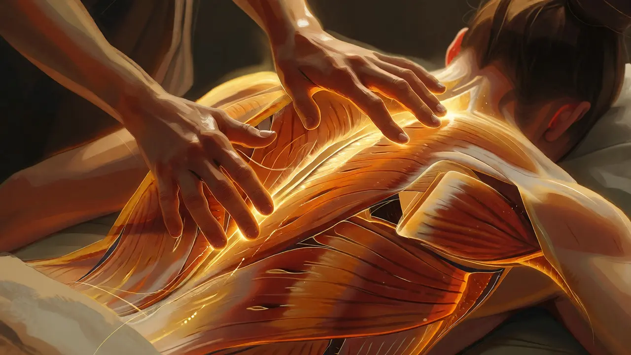 Ilustrace uvolňování svalových vláken a fascií během medové masáže