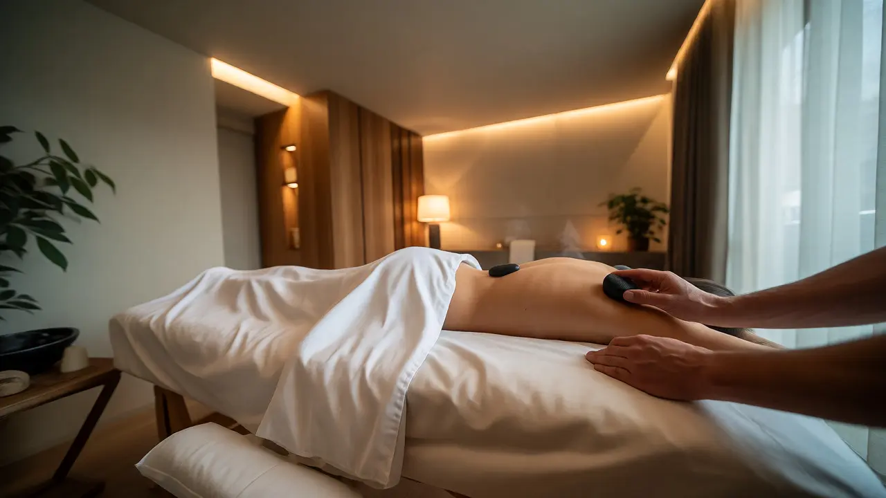 Terapeut umisťuje vyhřátý kámen na záda klienta v klidném wellness studiu.